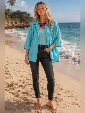 Foxcroft 20W Aqua Teal Eyelet Button-Front Blouse